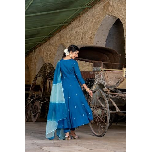 ANNI DESIGNER Women's Cotton Blend Anarkali Embroidered Kurta with Pant & Dupatta (GSK-Cerosin_M_Blue_Medium)