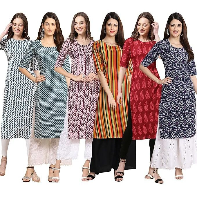 Pinkmint Women's Crepe Digital Print Straight Kurta [Pack of 6] (BD-331-351-347-356-337-375-M)
