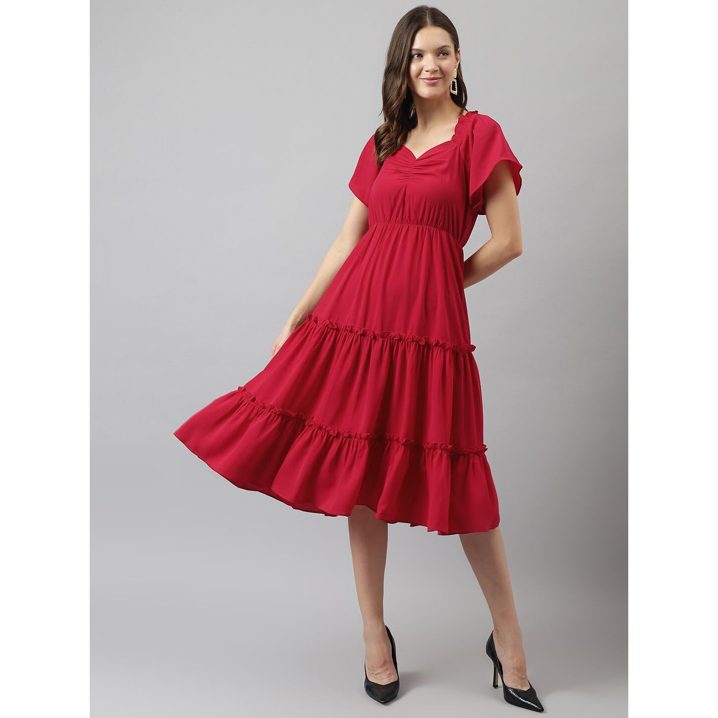 Toochki Women's red Rayon Solid fit & Flared Regular fit Western Midi Length Kurti a line Style Summer wear Kurtis Trendy Colour midi Type Kurtas