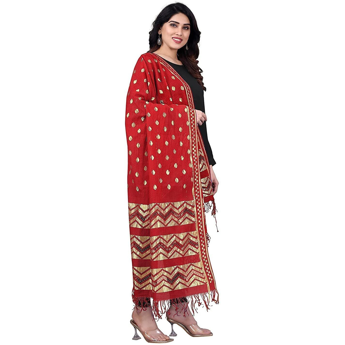 KEMZA Women's Zari Work Batik Surface Soft Silk Dupatta (Red)