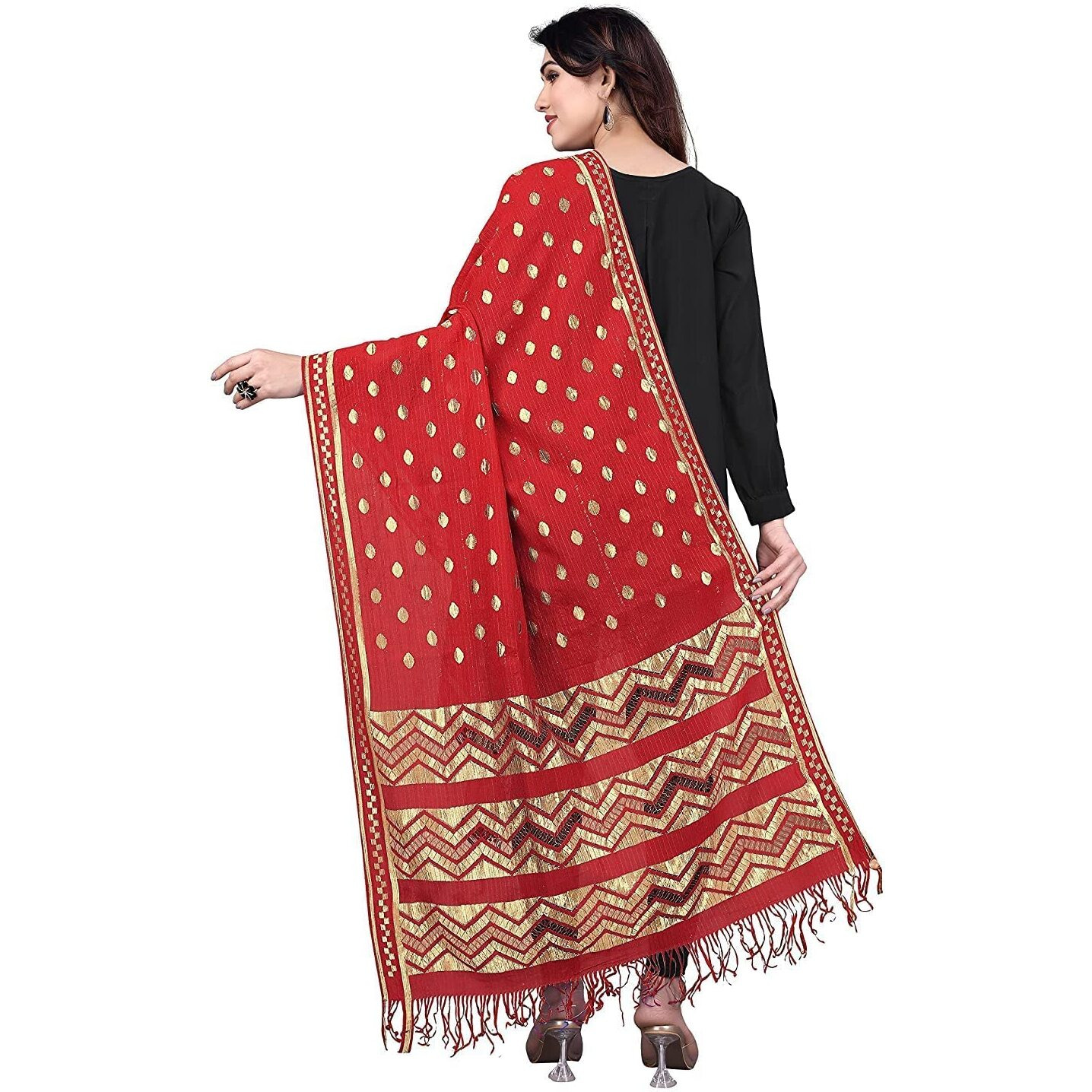 KEMZA Women's Zari Work Batik Surface Soft Silk Dupatta (Red)