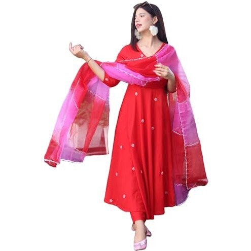 ANNI DESIGNER Women's Cotton Blend Anarkali Embroidered Kurta with Pant & Dupatta (GSK-RED_XL_Red_X-Large)