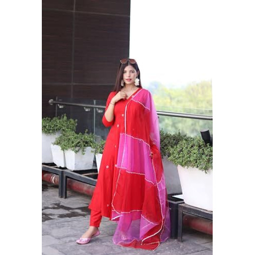 ANNI DESIGNER Women's Cotton Blend Anarkali Embroidered Kurta with Pant & Dupatta (GSK-RED_XL_Red_X-Large)