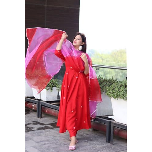 ANNI DESIGNER Women's Cotton Blend Anarkali Embroidered Kurta with Pant & Dupatta (GSK-RED_XL_Red_X-Large)