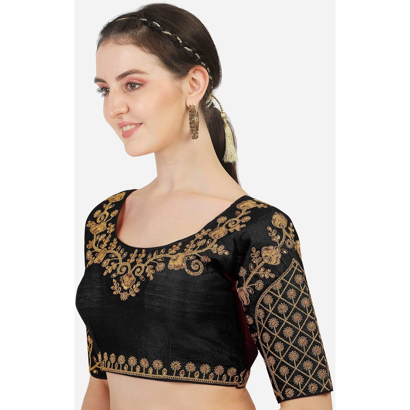 Vihu Fashion Women's Silk Floral Half Sleeve Blouse (Florall Black 38_Black_38)