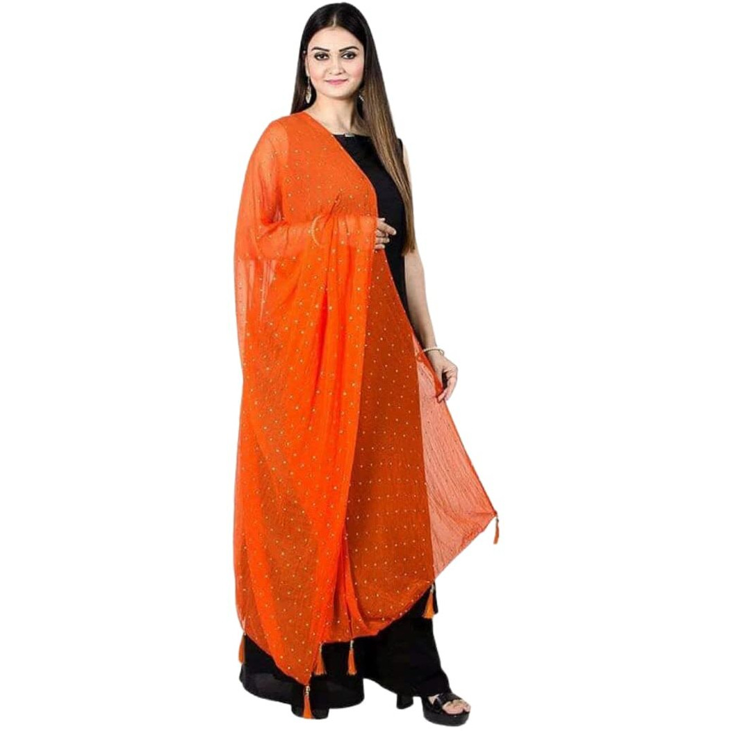 KEMZA Women's Printed Chiffon Dupatta | Jaipuri Star Printed Dupatta For Party, Festival and Wedding (Orange_Free size)