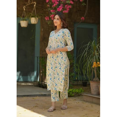 FABNEX kurta set for women | Women Kurta | Women Kurta Sets Kurtis | Women Kurta Pant Set | Women Kurta Pant Set Women Kurti Set with Pant (K-96) (Off White, 2XL)
