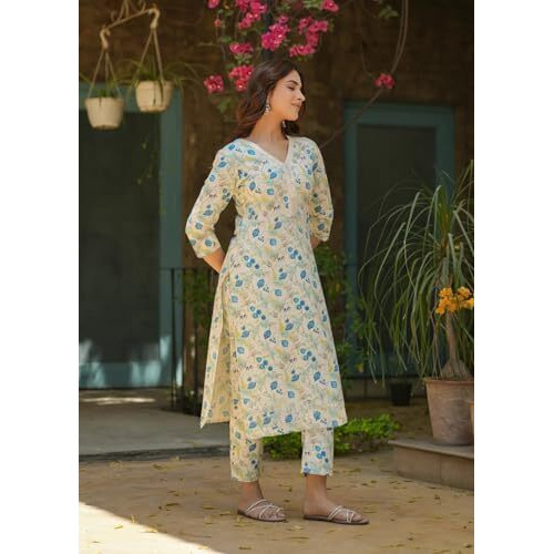 FABNEX kurta set for women | Women Kurta | Women Kurta Sets Kurtis | Women Kurta Pant Set | Women Kurta Pant Set Women Kurti Set with Pant (K-96) (Off White, 2XL)