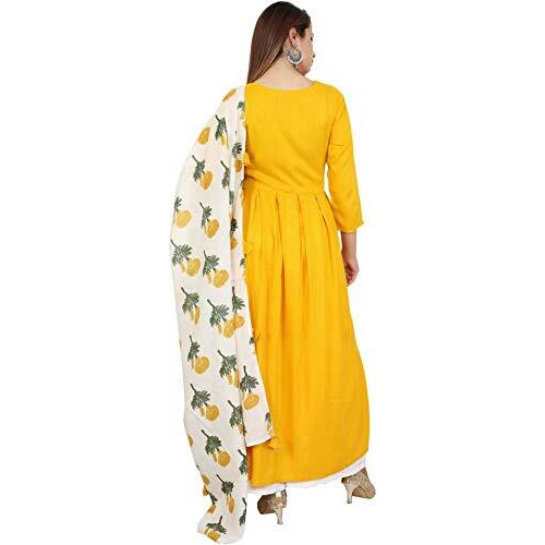 Stylum Women's Solid Rayon Flared Kurta Dupatta Set (YellowRoseStole44_Yellow, XXL)