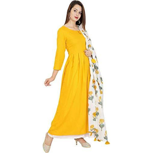 Stylum Women's Solid Rayon Flared Kurta Dupatta Set (YellowRoseStole44_Yellow, XXL)