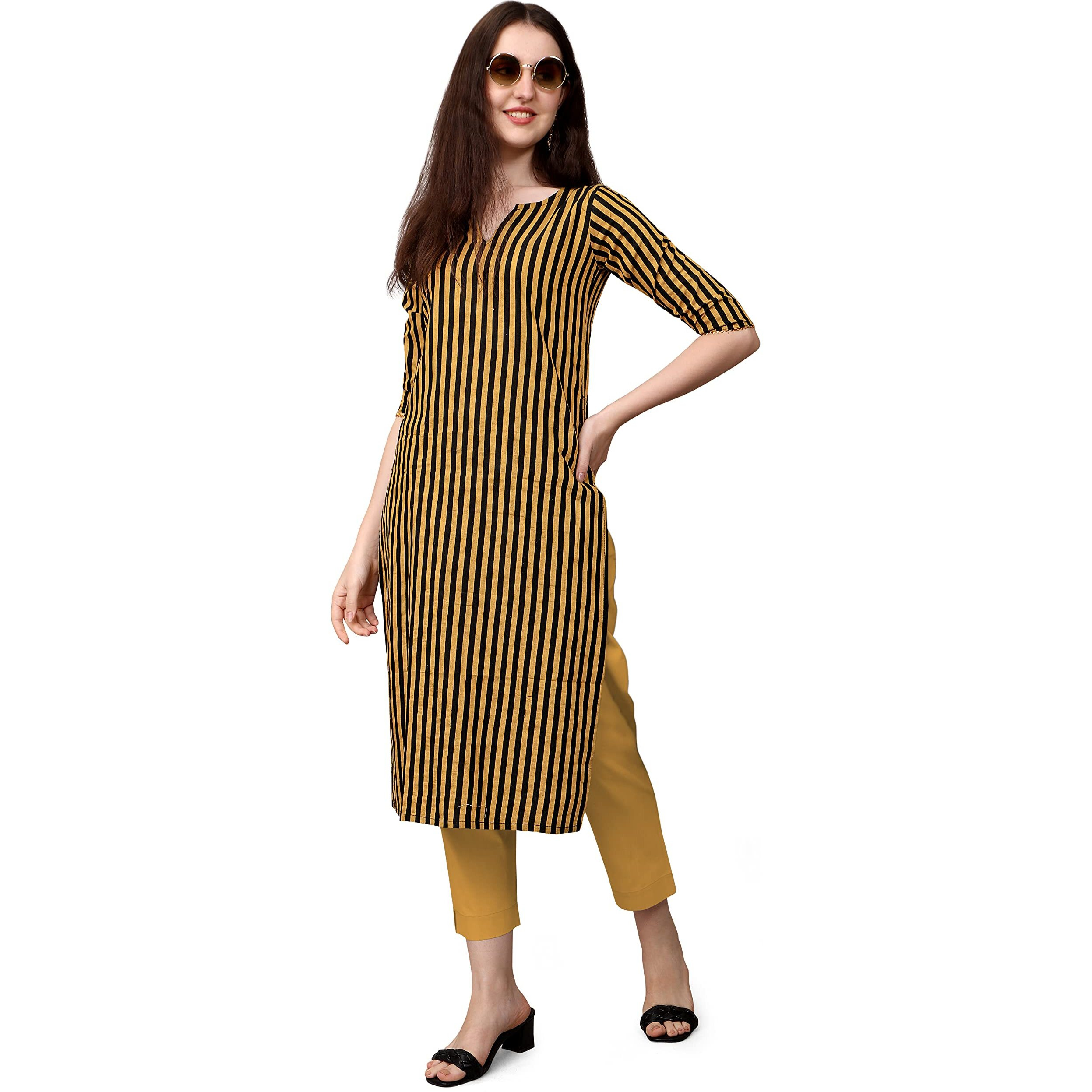 LookMark Women's Yellow and Black Striped Cotton Blend Straight Stitched Kurta(K1093-L_Yellow)