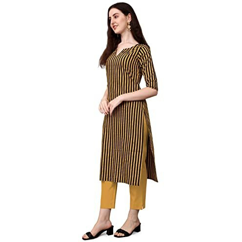 LookMark Women's Yellow and Black Striped Cotton Blend Straight Stitched Kurta(K1093-L_Yellow)