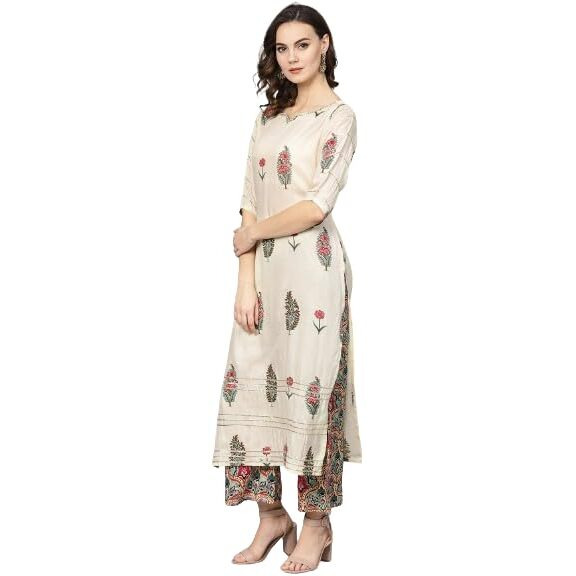IVES Women's Printed Three-Fourth Sleeves | Round Neck | Regular Kurta with Palazzo (Beige)