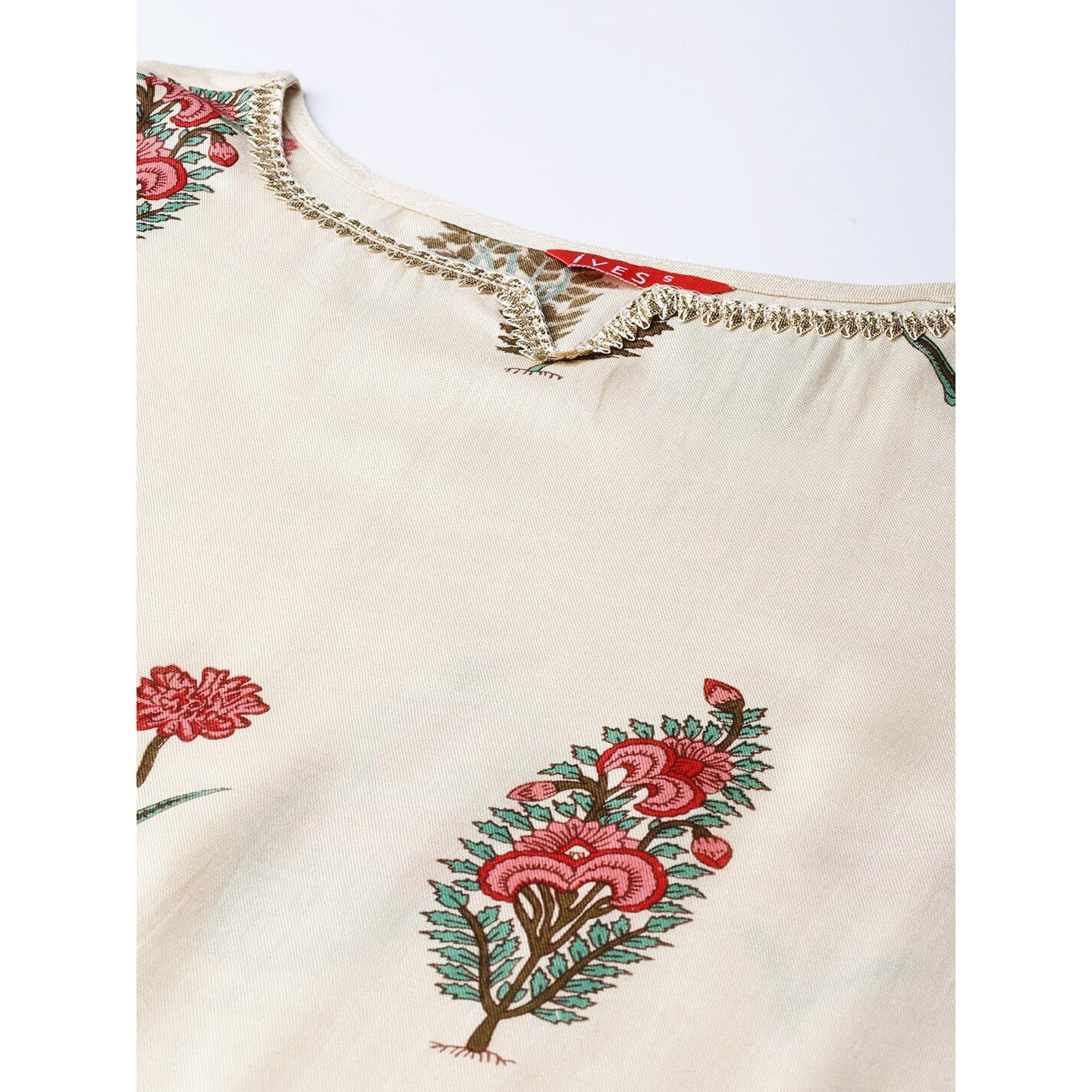 IVES Women's Printed Three-Fourth Sleeves | Round Neck | Regular Kurta with Palazzo (Beige)