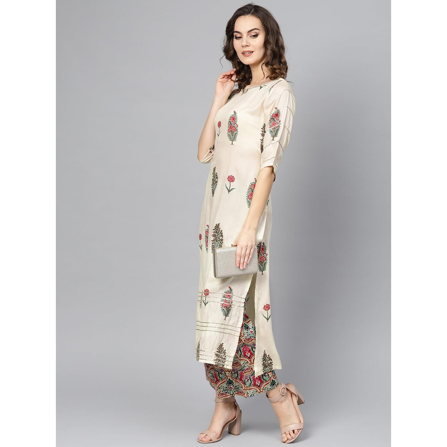 IVES Women's Printed Three-Fourth Sleeves | Round Neck | Regular Kurta with Palazzo (Beige)
