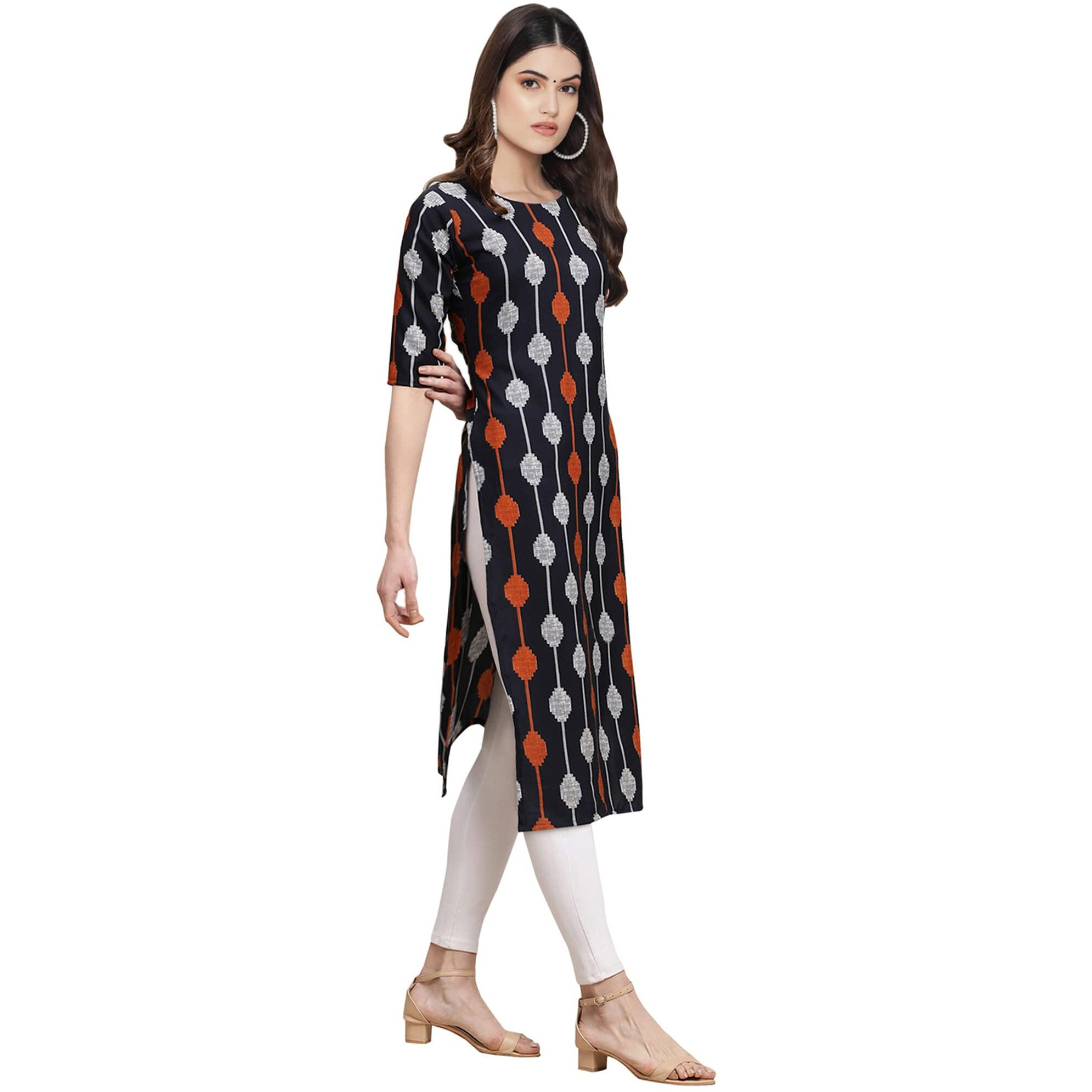 Pinkmint Women's Crepe Black Color Ethnic Motif Printed Straight Kurti (530330-XXL)