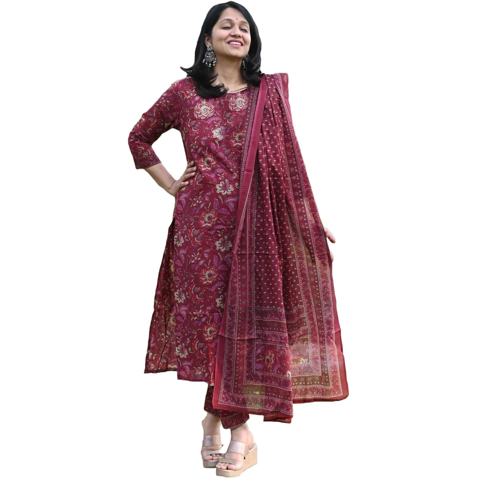 GoSriKi Women's Rayon Blend Straight Printed Kurta with Pant & Dupatta (PARAVA Maroon-GS_XL_Maroon_X-Large)
