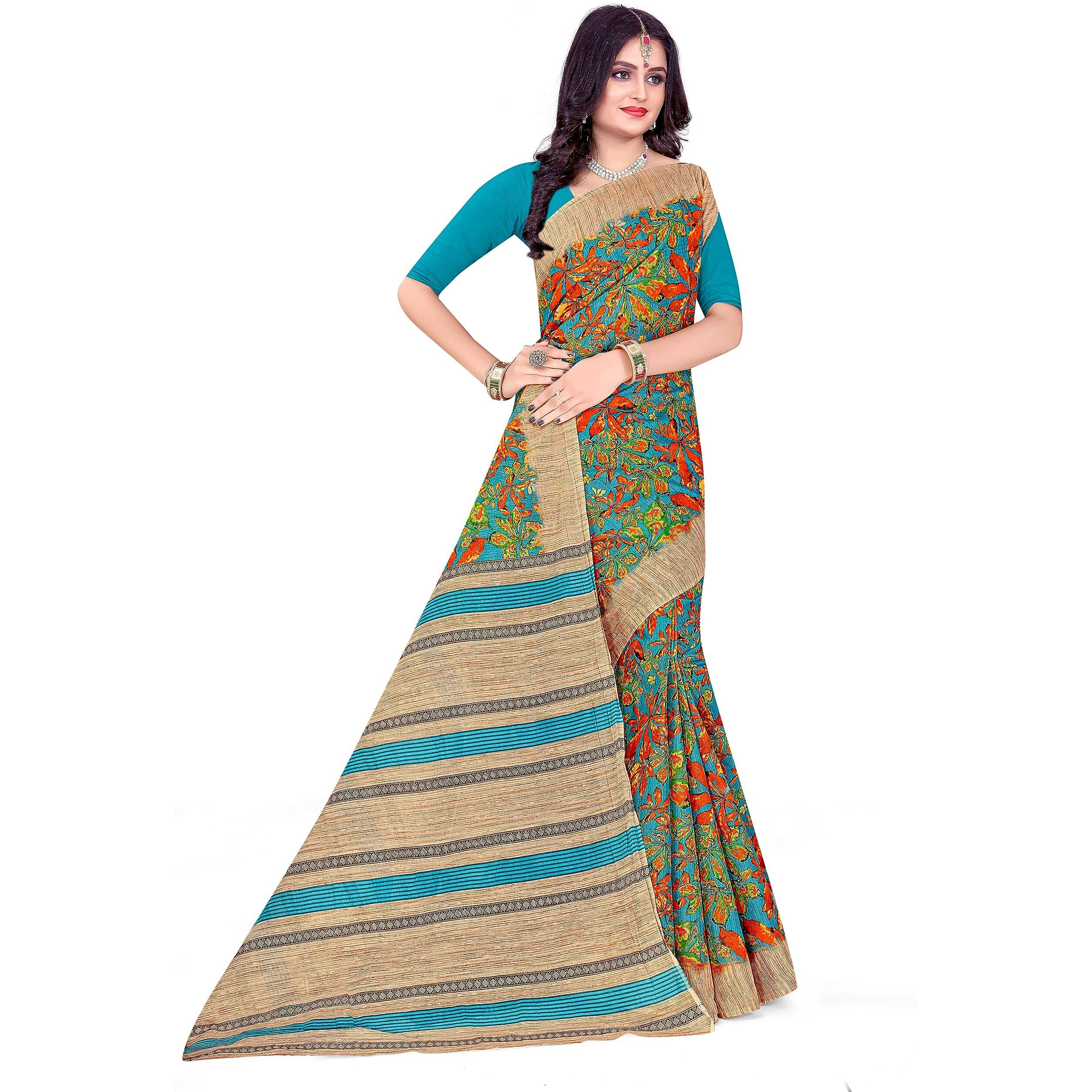 TAMAIRA FASHION Women's Autumn Leaf Print Pure Cotton Saree Without Blouse Piece(11184_Seagreen)