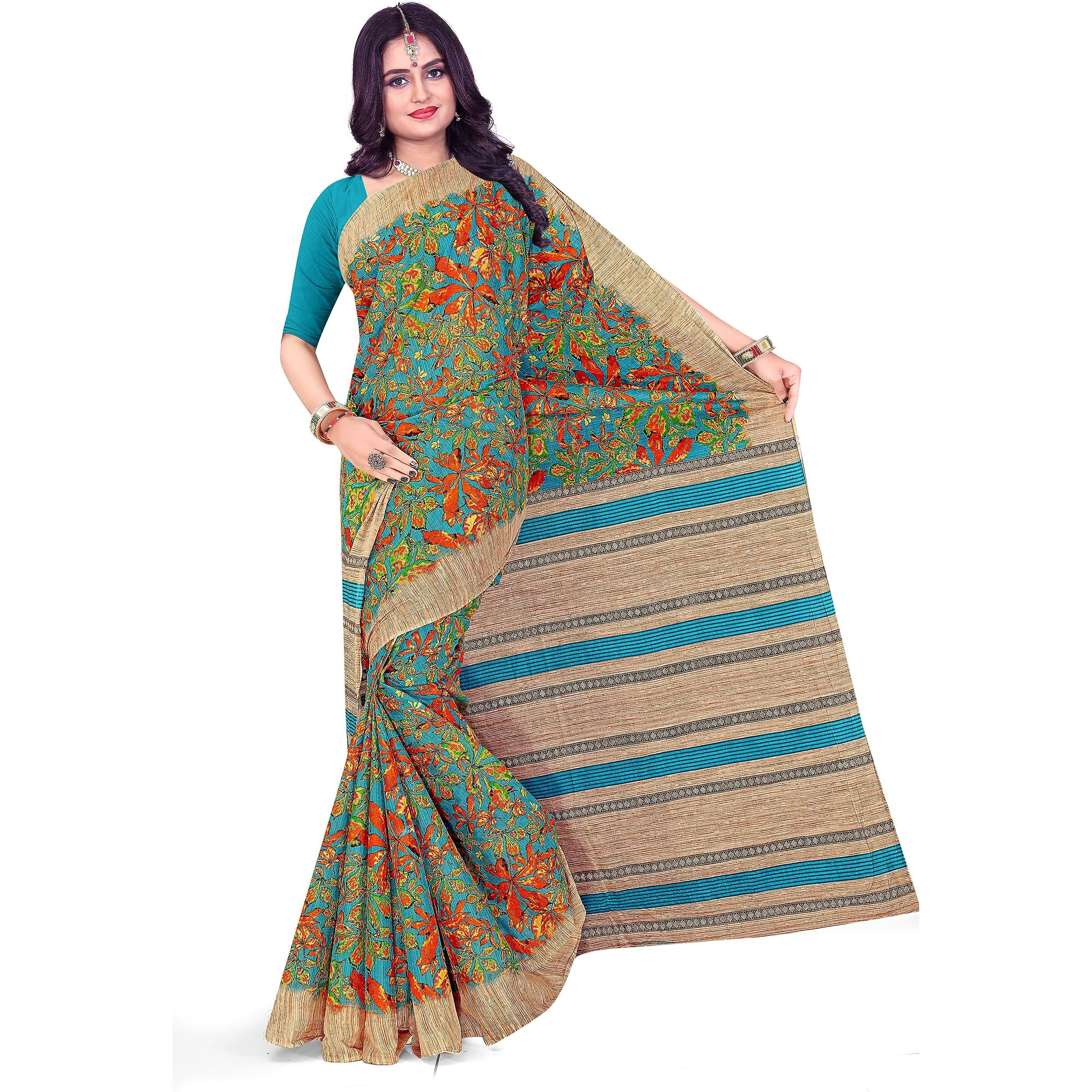 TAMAIRA FASHION Women's Autumn Leaf Print Pure Cotton Saree Without Blouse Piece(11184_Seagreen)