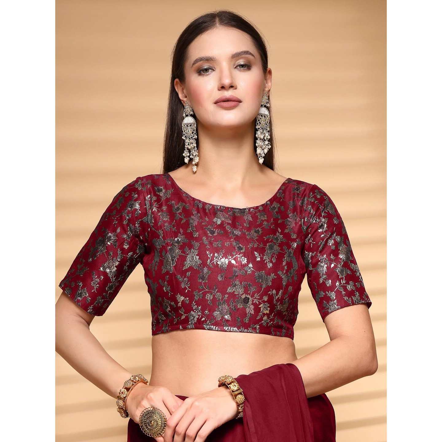 OOMPH Readymade Blouse for Women, Brocade, Boat Neck, rbbl531