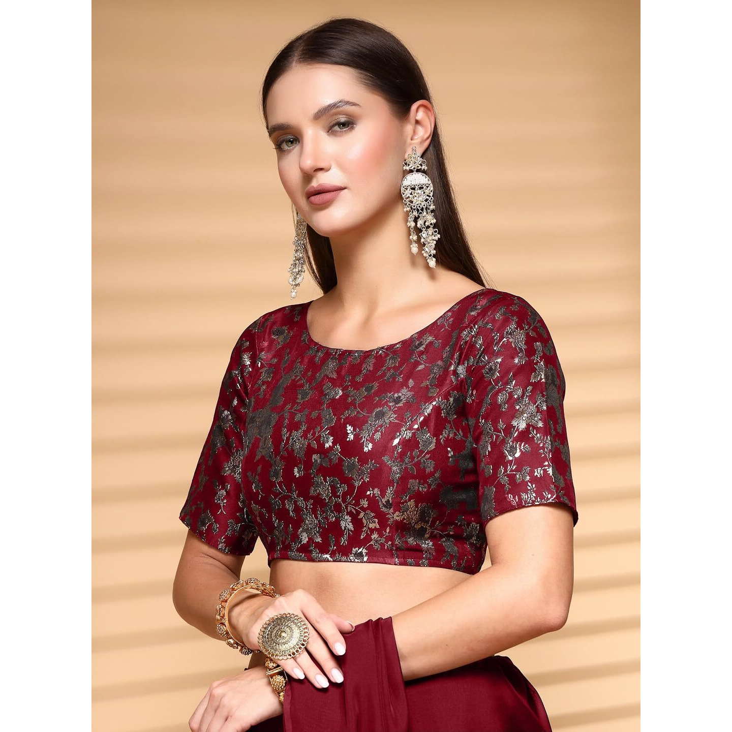 OOMPH Readymade Blouse for Women, Brocade, Boat Neck, rbbl531