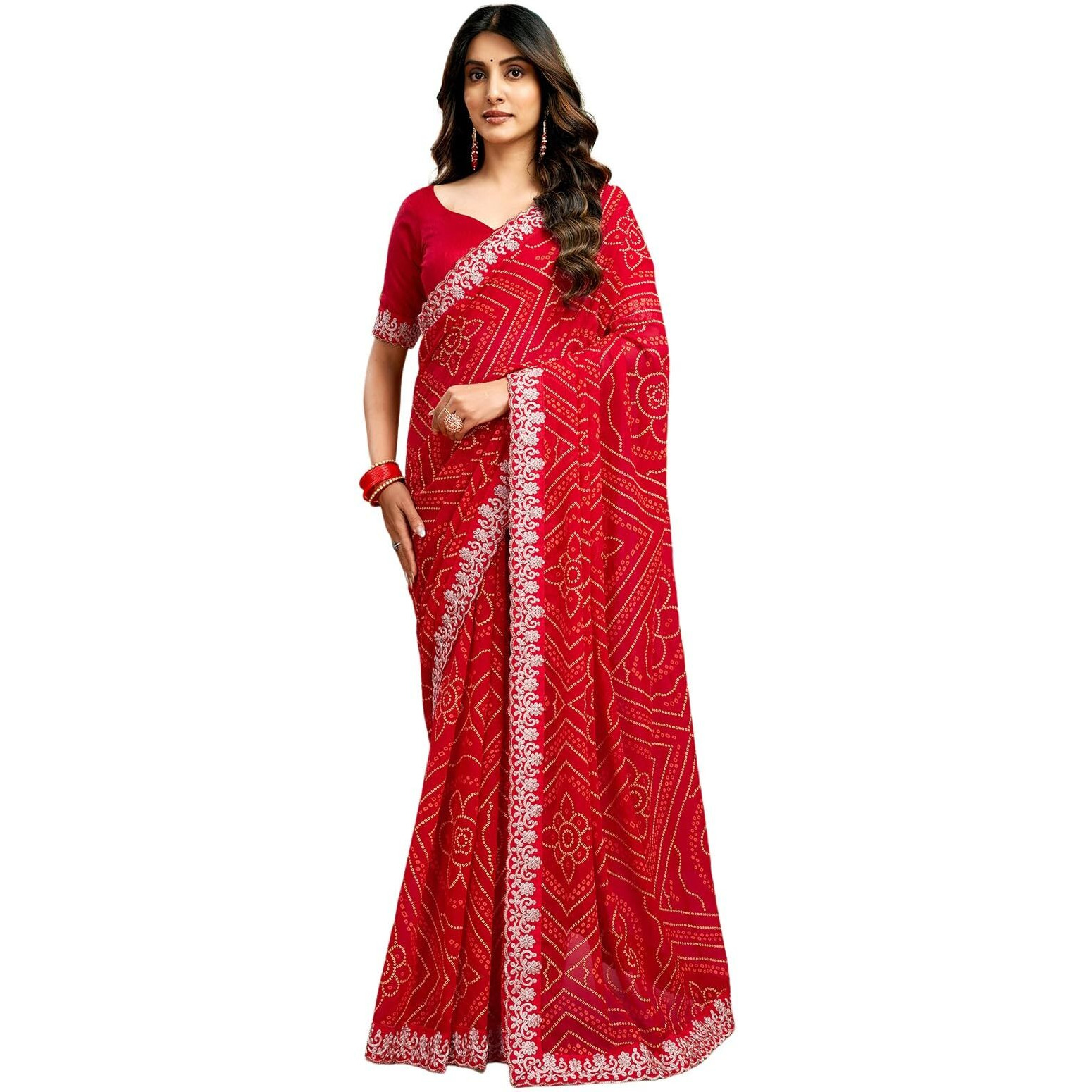 Satrani Women's Georgette Bandhani Printed Saree with Unstitched Blouse Piece (4014S132N_Red1)