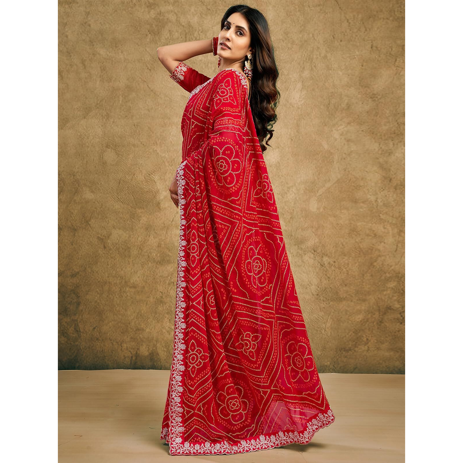 Satrani Women's Georgette Bandhani Printed Saree with Unstitched Blouse Piece (4014S132N_Red1)