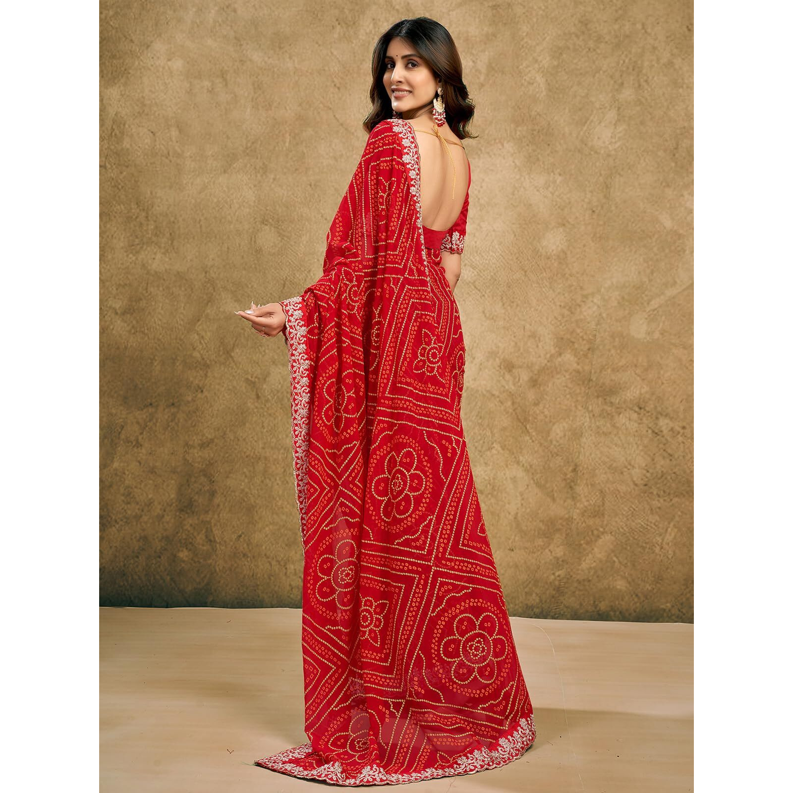 Satrani Women's Georgette Bandhani Printed Saree with Unstitched Blouse Piece (4014S132N_Red1)