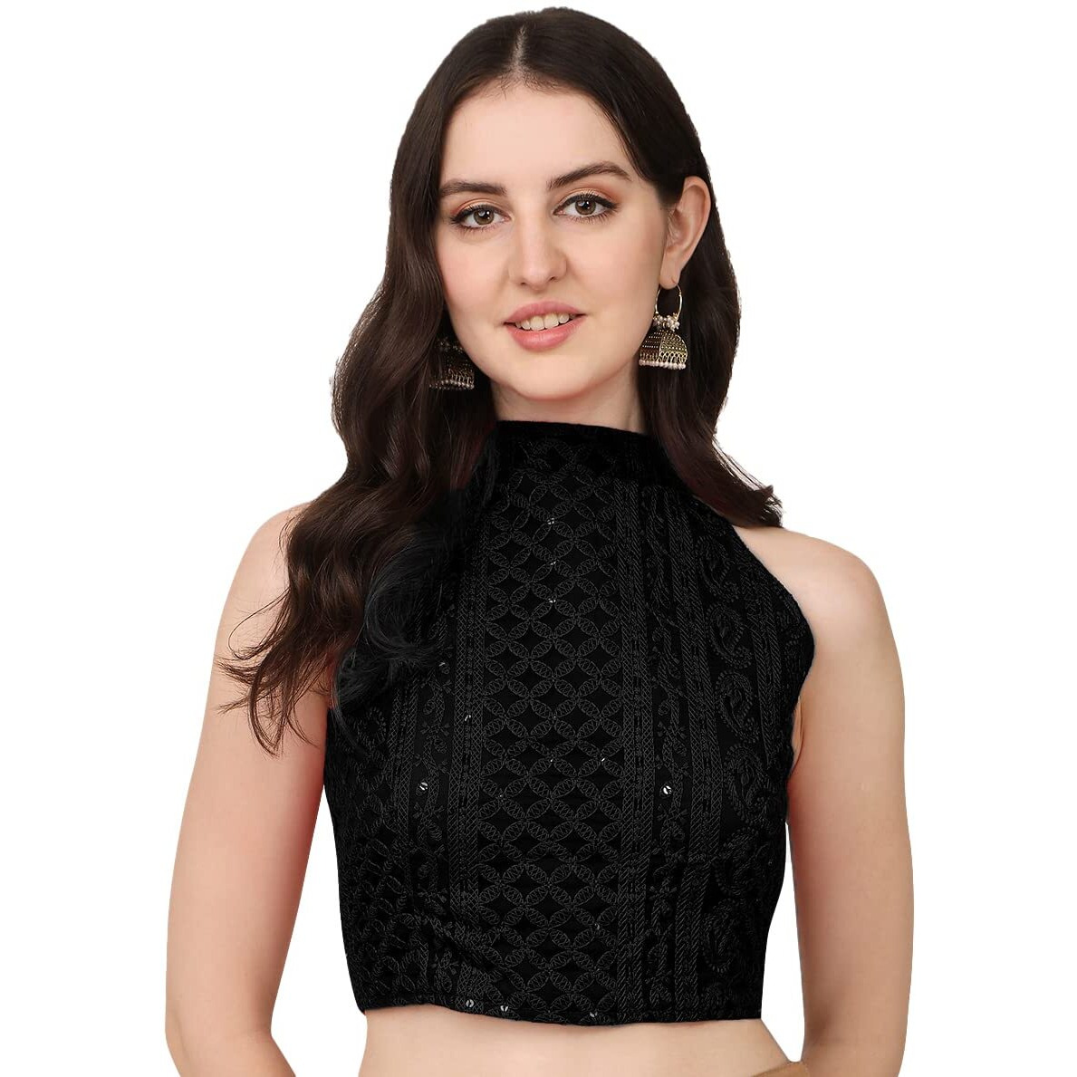 Sumaira Tex Women's Halter Neck Designe Top Solid Chickankari Thread Embrodery Work Readymade Sleeveless Saree Blouse