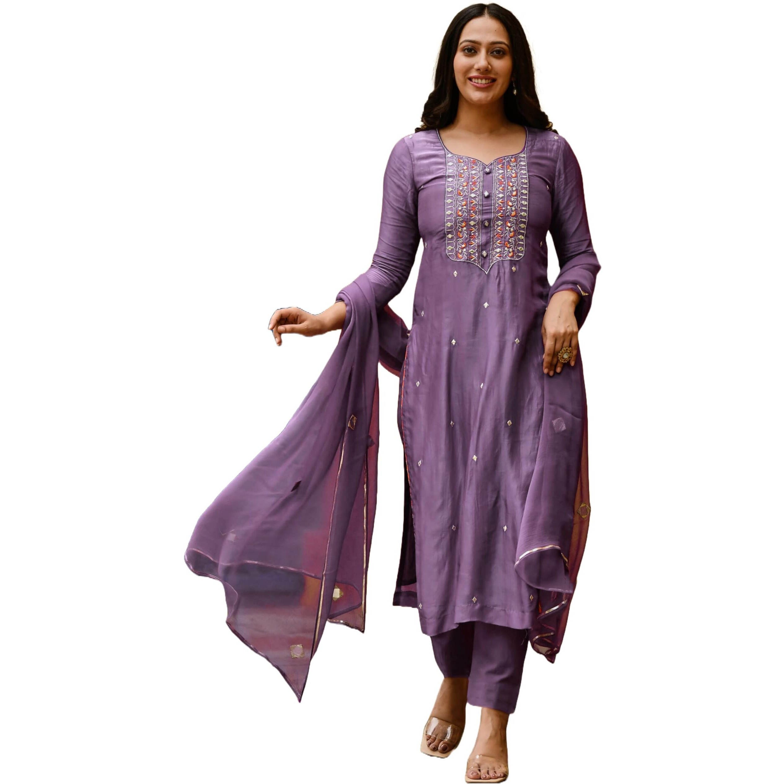 ANNI DESIGNER Women's Cotton Blend Embroidered Straight Kurta with Pant & Dupatta (Kasturi Purple_L_Purple_Large)