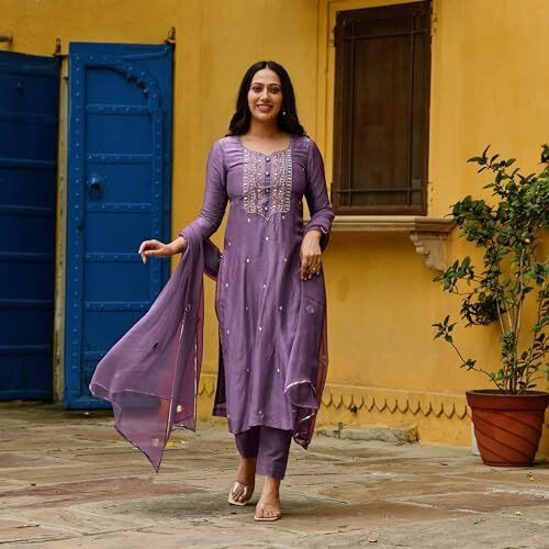 ANNI DESIGNER Women's Cotton Blend Embroidered Straight Kurta with Pant & Dupatta (Kasturi Purple_L_Purple_Large)