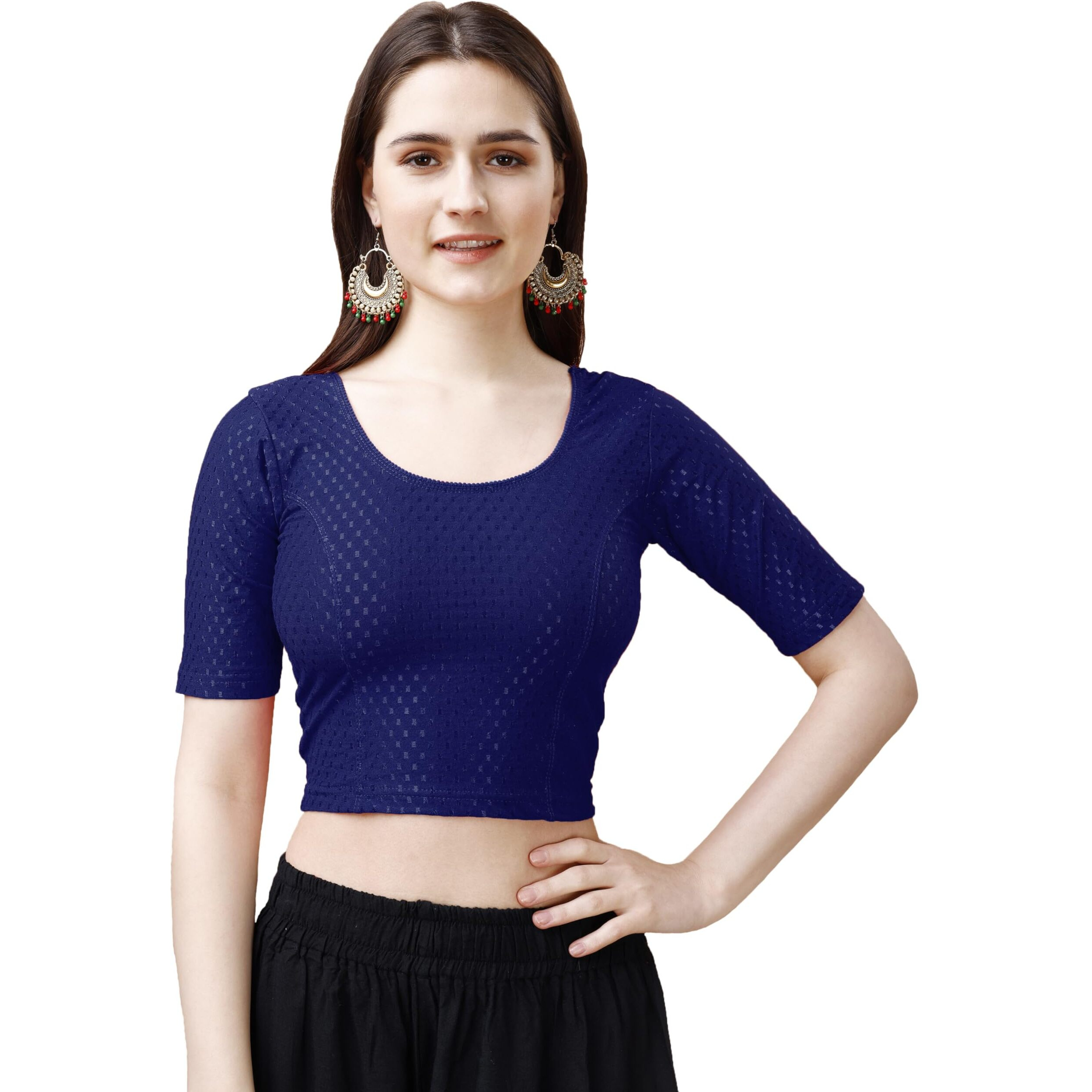Sumaira Tex Women's Readymade Dobby Cotton Lycra Stretchable Round Neck Half Sleeve Blouse Fancy Navy Blue Color Lycra Stretchable Blouse for Women Stylish Readymade Saree Blouse