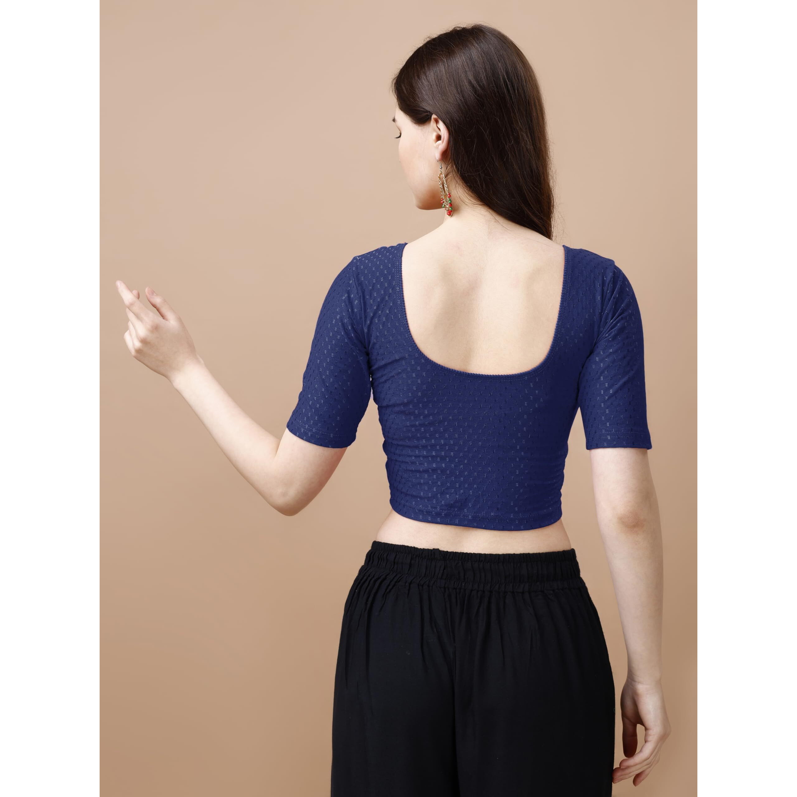 Sumaira Tex Women's Readymade Dobby Cotton Lycra Stretchable Round Neck Half Sleeve Blouse Fancy Navy Blue Color Lycra Stretchable Blouse for Women Stylish Readymade Saree Blouse