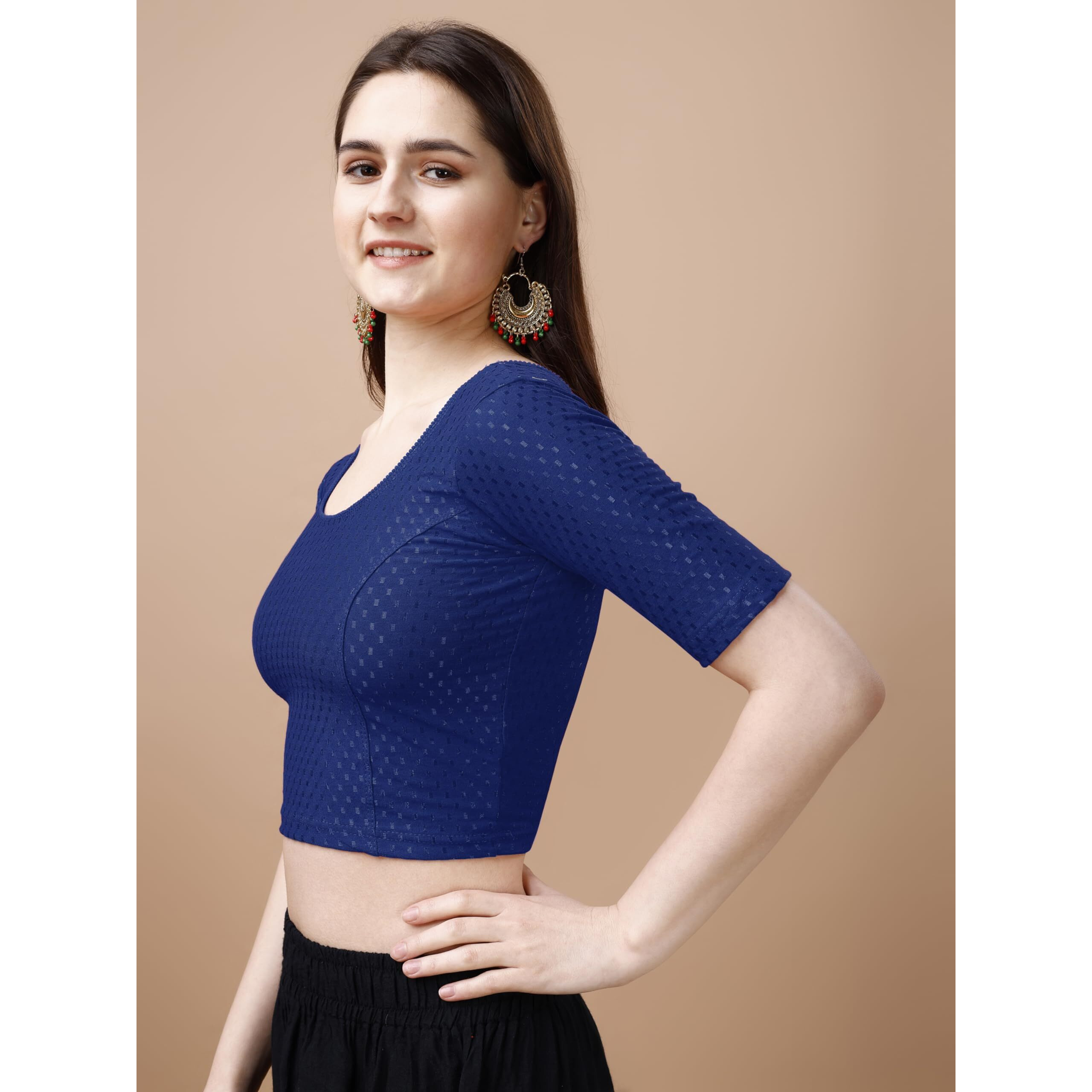 Sumaira Tex Women's Readymade Dobby Cotton Lycra Stretchable Round Neck Half Sleeve Blouse Fancy Navy Blue Color Lycra Stretchable Blouse for Women Stylish Readymade Saree Blouse