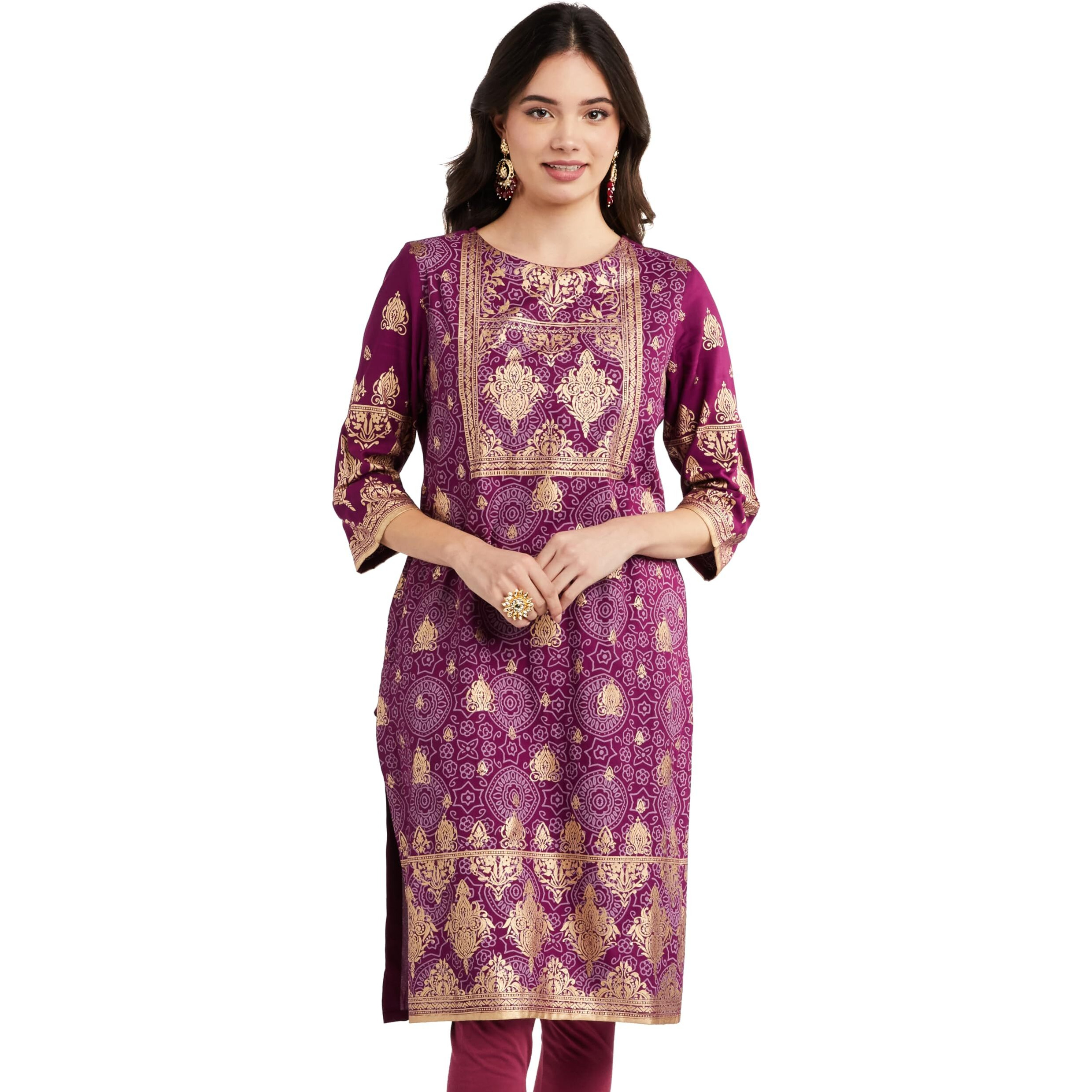 Amazon Brand - Myx Women's Rayon Regular Kurta (MYX-AW23-KU-09_Purple_XS)