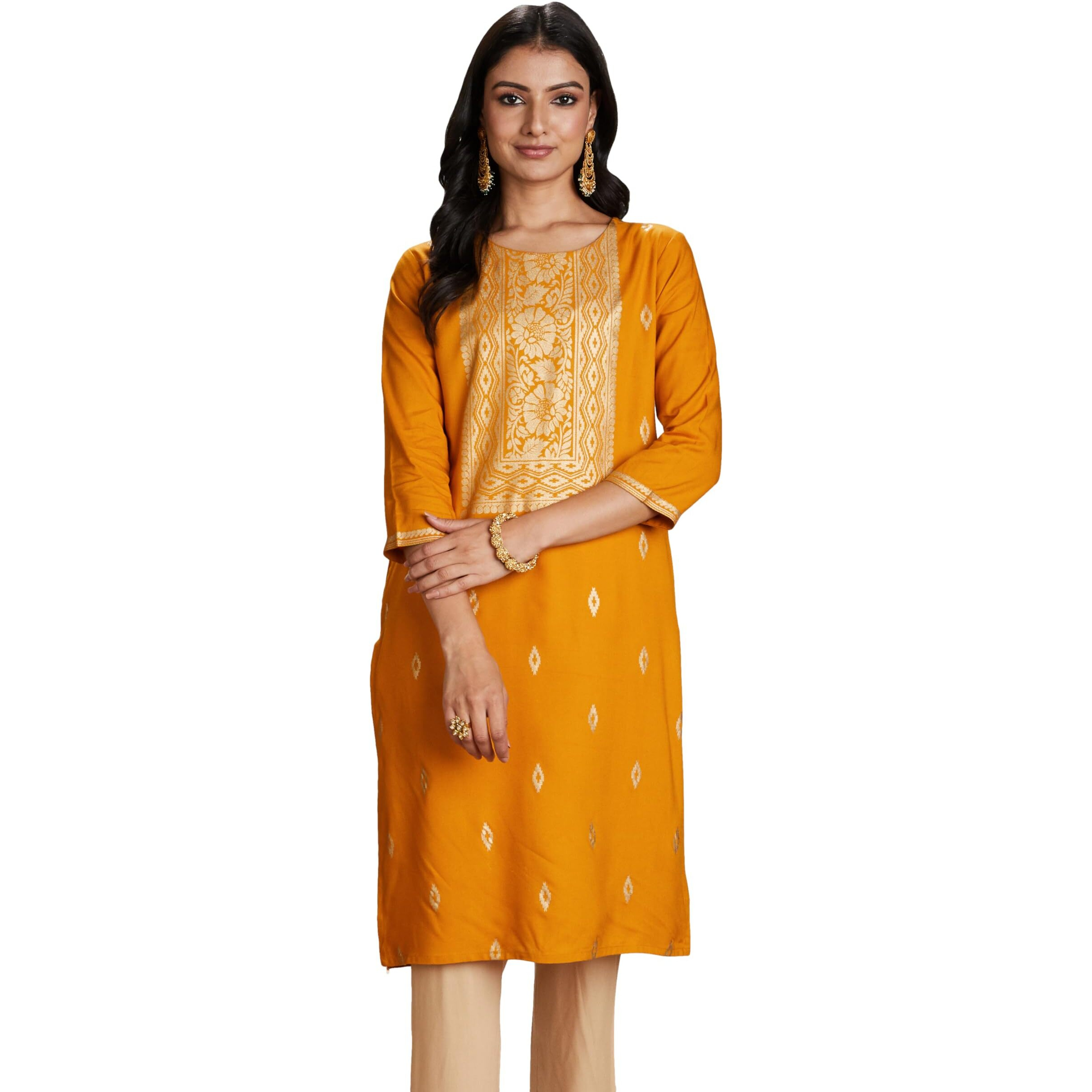 Amazon Brand - Myx Women's Rayon Regular Kurta (MYX-AW23-KU-05_Ochre_L)
