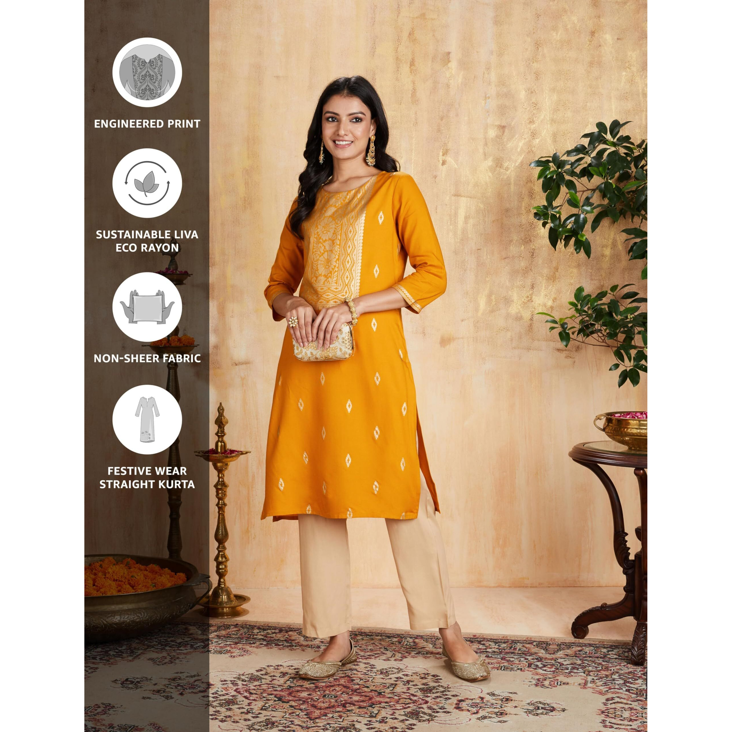 Amazon Brand - Myx Women's Rayon Regular Kurta (MYX-AW23-KU-05_Ochre_L)
