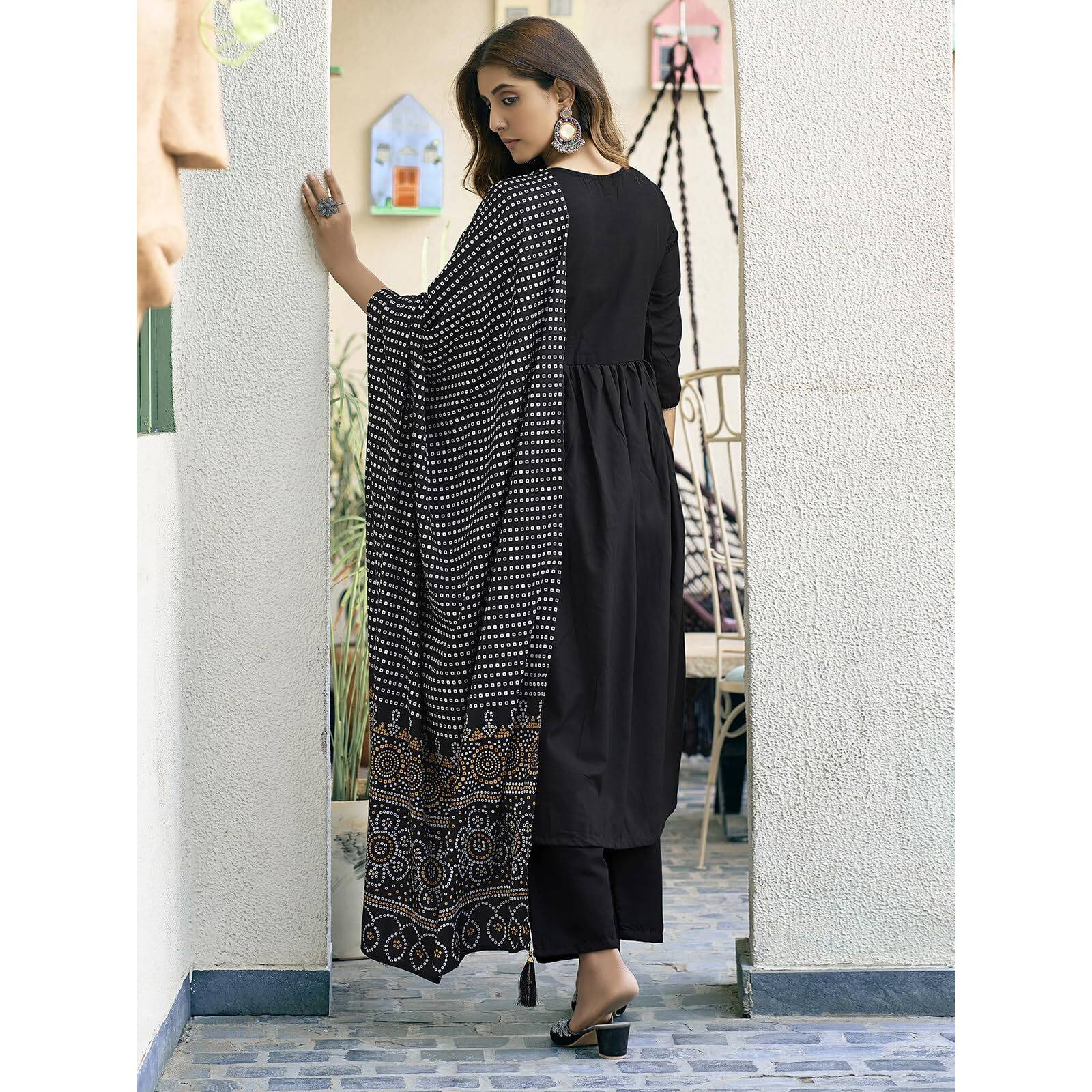 Sanisa Women's Cotton Blend Sequence Embroidery Gota Lace Alia Cut Kurta with Pant and Dupatta Set| Ethnic Set | Suit Set | Kurta Set(206KBD2186N-XL_Black)