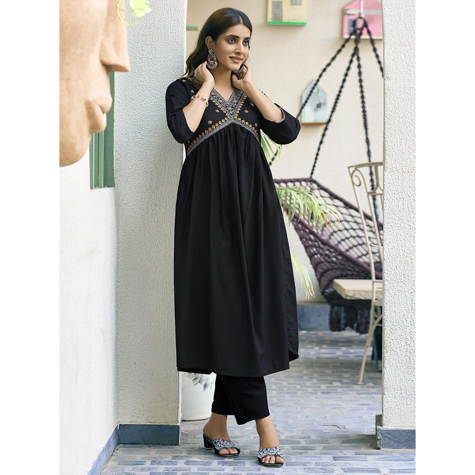 Sanisa Women's Cotton Blend Sequence Embroidery Gota Lace Alia Cut Kurta with Pant and Dupatta Set| Ethnic Set | Suit Set | Kurta Set(206KBD2186N-XL_Black)