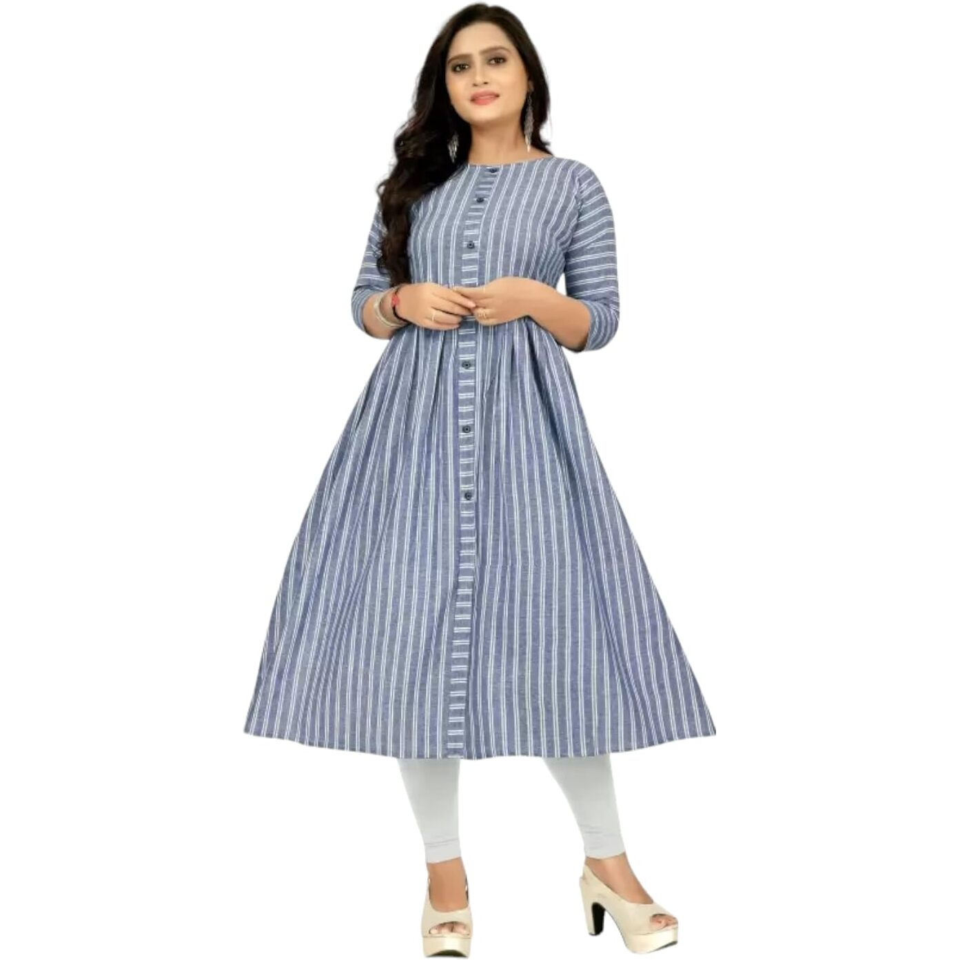 VINCHIC Women's Anarkali Pure Cotton Blue Color Stripes Kurti|Kurti for Women|Bollywood KurtiKurta