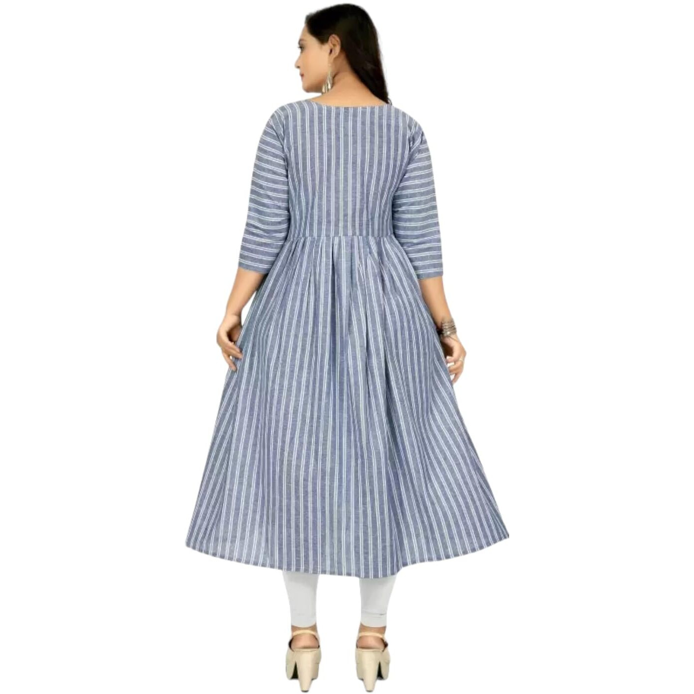 VINCHIC Women's Anarkali Pure Cotton Blue Color Stripes Kurti|Kurti for Women|Bollywood KurtiKurta