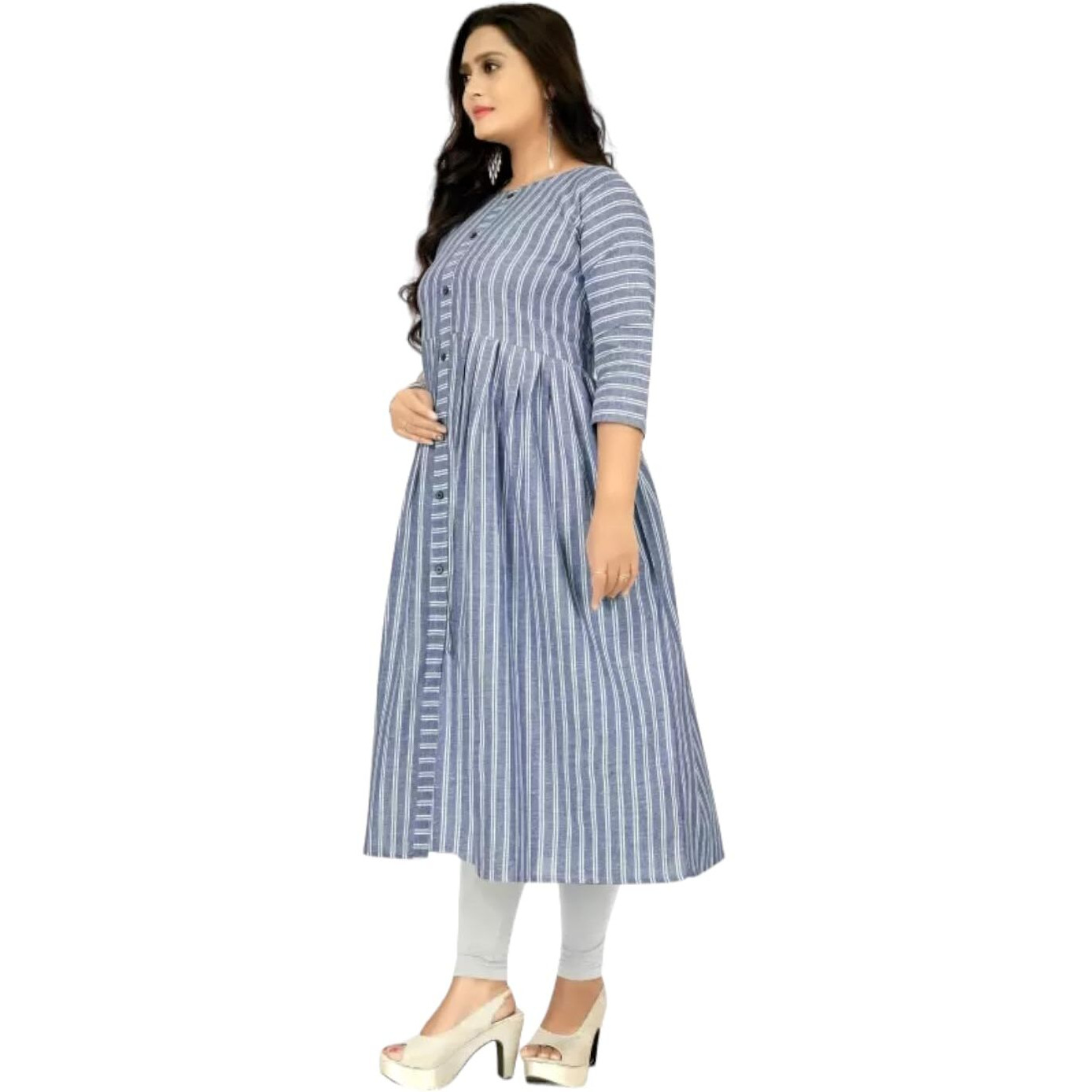 VINCHIC Women's Anarkali Pure Cotton Blue Color Stripes Kurti|Kurti for Women|Bollywood KurtiKurta