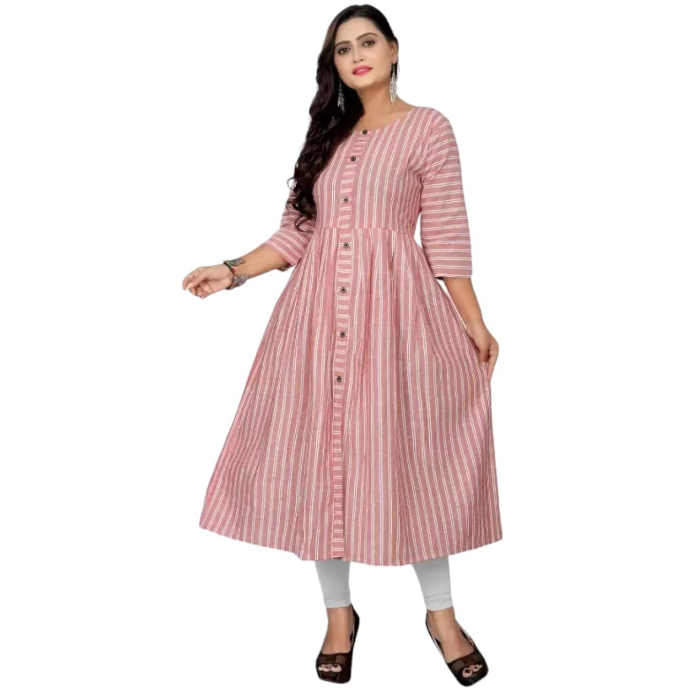 VINCHIC Women's Anarkali Pure Cotton Pink Color Stripes Kurti|Kurti for Women|Bollywood KurtiKurta