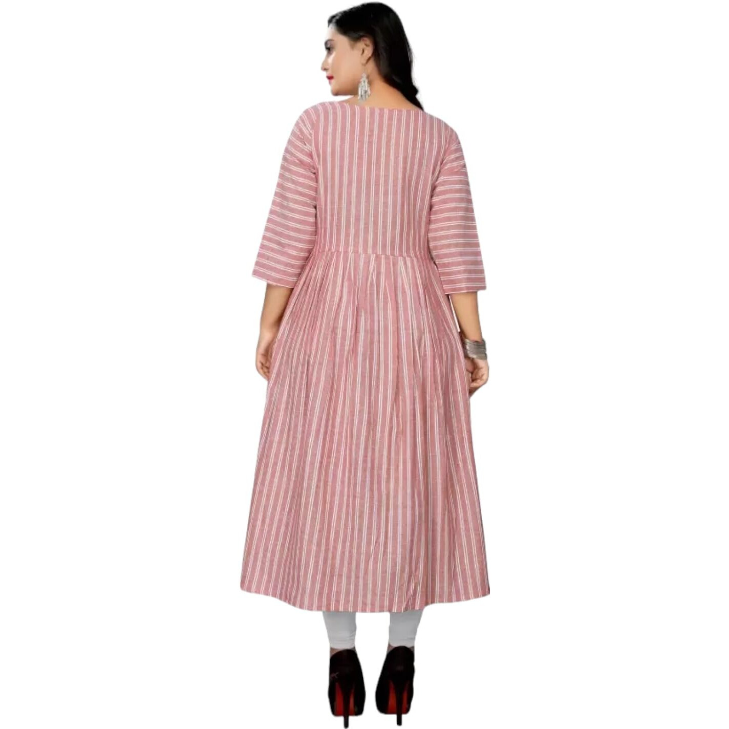 VINCHIC Women's Anarkali Pure Cotton Pink Color Stripes Kurti|Kurti for Women|Bollywood KurtiKurta