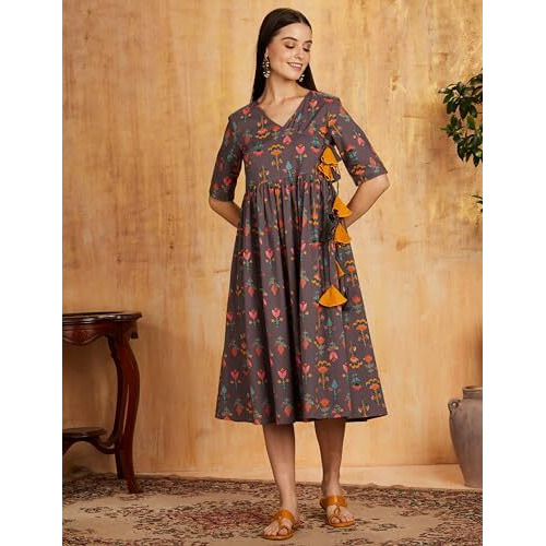 Amazon Brand - Myx Women's Cotton Regular Kurta (AW22MYX27_Grey Floral_XL)