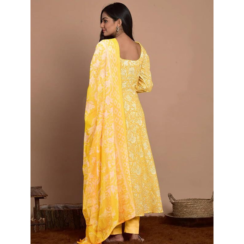 Pinkmint Women Cotton Blend Anarkali Floral Printed Kurta with Pant & Dupatta Yellow