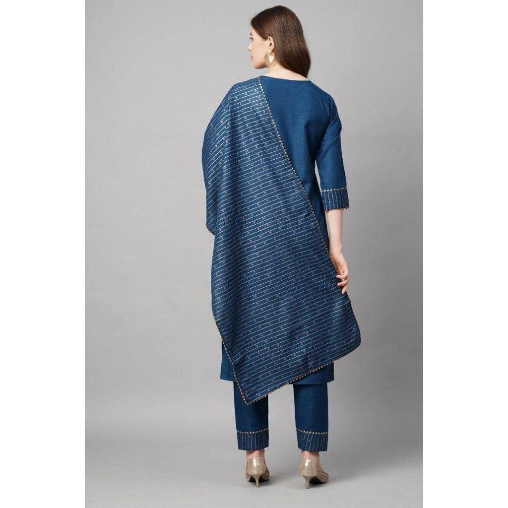 GoSriKi Women's Cotton Straight Kurta with Pant & Dupatta (CHHAVI-Cerosin_M-GO_Blue_Medium)