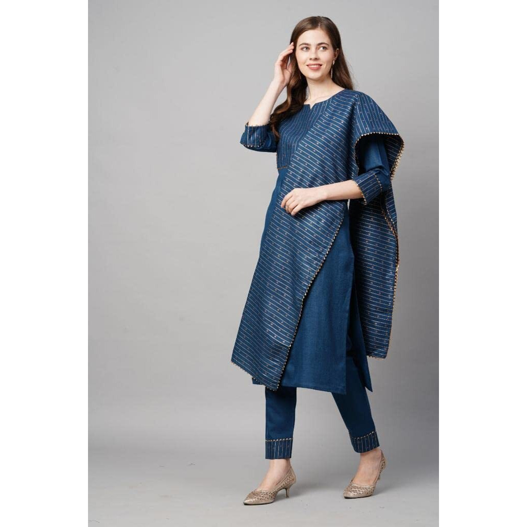 GoSriKi Women's Cotton Straight Kurta with Pant & Dupatta (CHHAVI-Cerosin_M-GO_Blue_Medium)