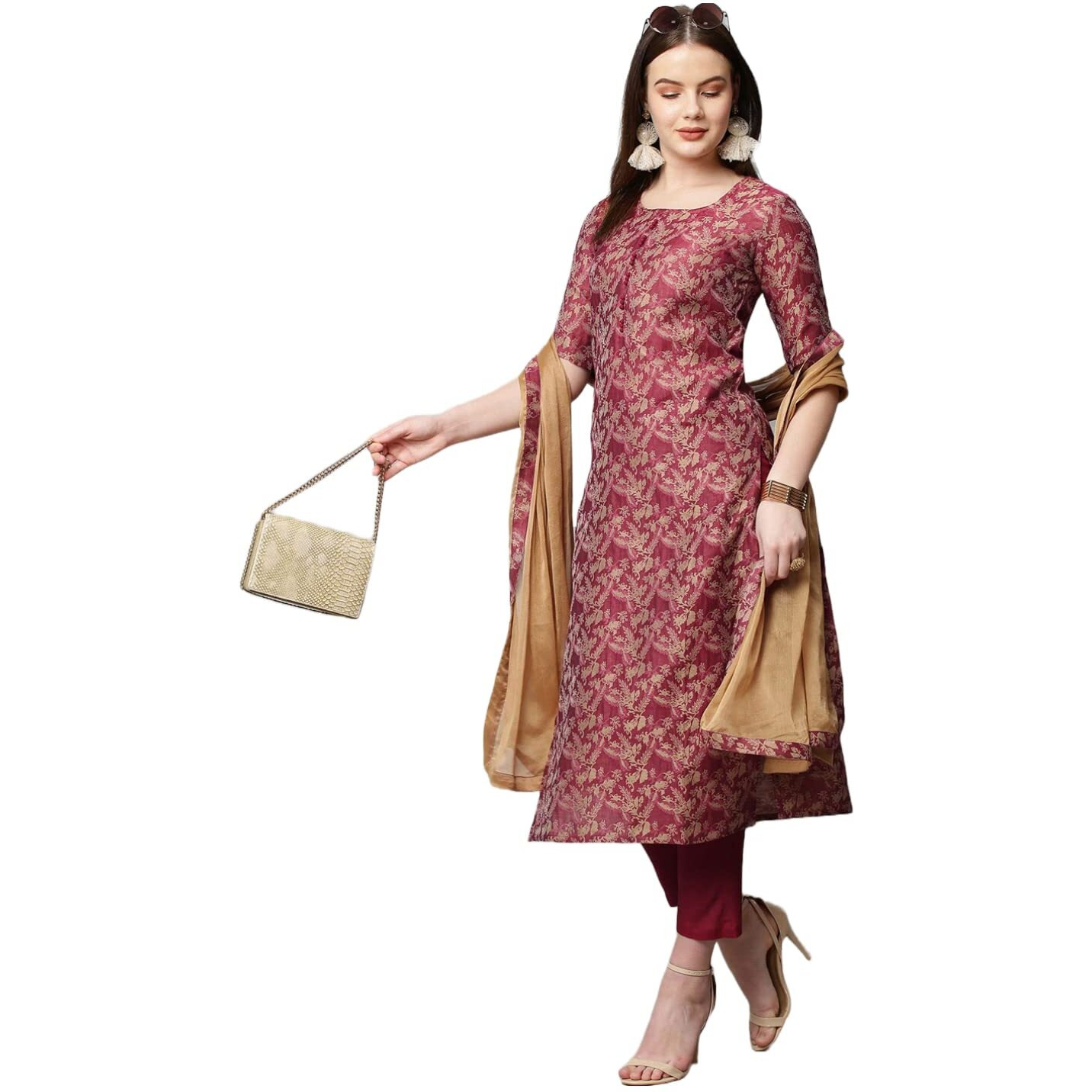 ANNI DESIGNER Women's Banarsi Silk Printed Straight Kurta with Pant & Dupatta See_Red_2XL