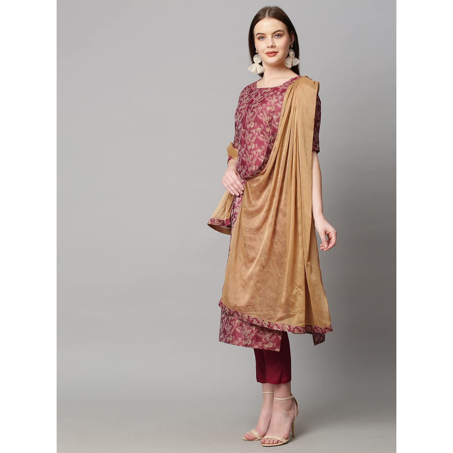 ANNI DESIGNER Women's Banarsi Silk Printed Straight Kurta with Pant & Dupatta See_Red_2XL